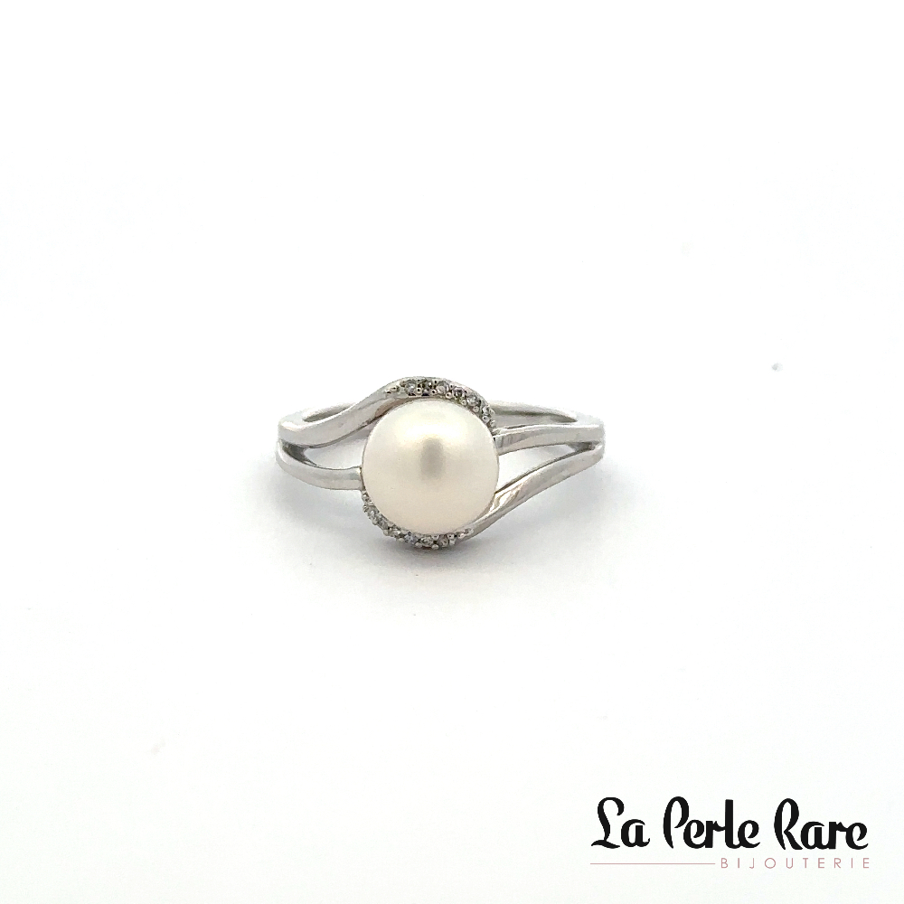 Bague or blanc 10 carats, perle, 6 points de diamants total - LPR-2554 - Exclusivités