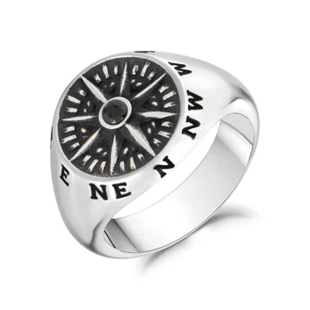 Bague chevalière, étoile du nord, acier inoxydable 2 tons (blanc/noir), zircon noir - AS-R133W-9 - Arz Steel