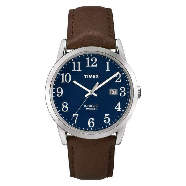 Montre cuir brun, acier, fond bleu