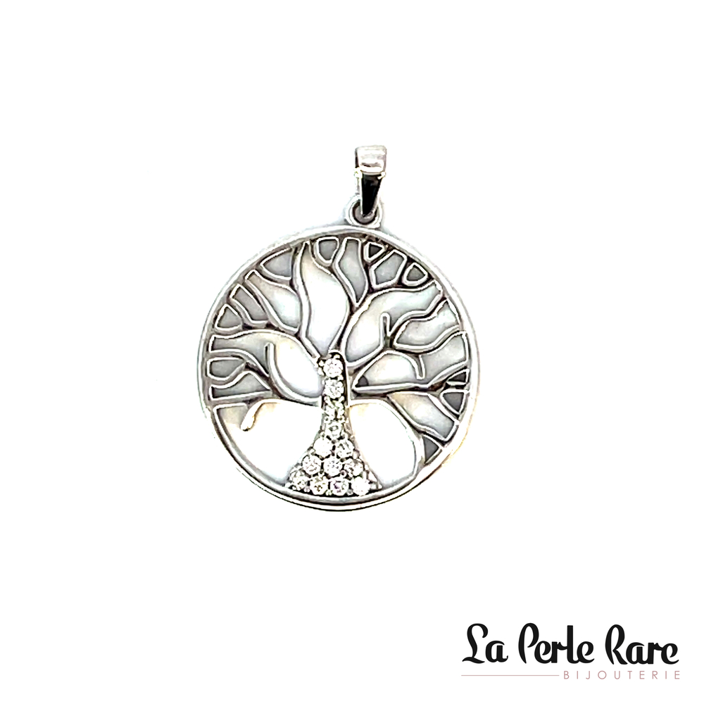 Pendentif arbre de vie, or blanc 10 carats, zircons incolores