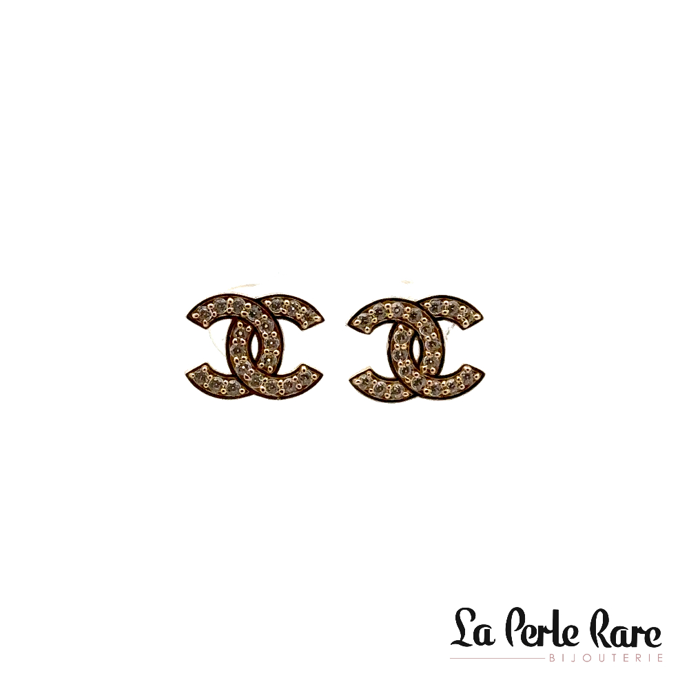 Stud Coco Chanel-style earrings in yellow gold with cubic zirconia - LPR-2388 - Exclusivity