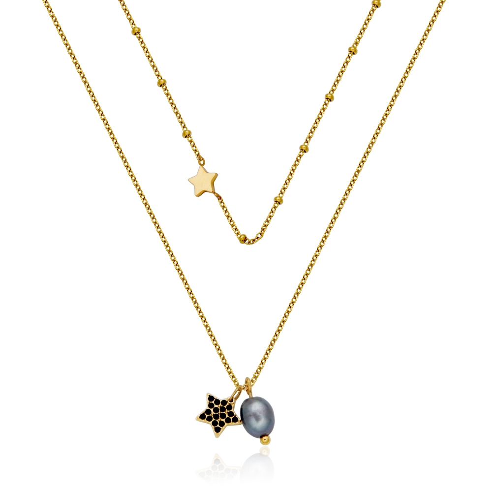 Collier acier doré, zircons noirs, perle teintée - T0XG690218 - Steelx