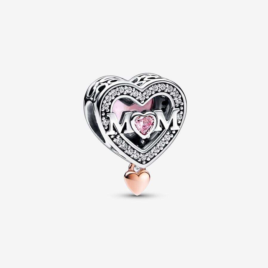 Bille ajourée maman et coeur, pandora rose, argent, zircons blanc/rose