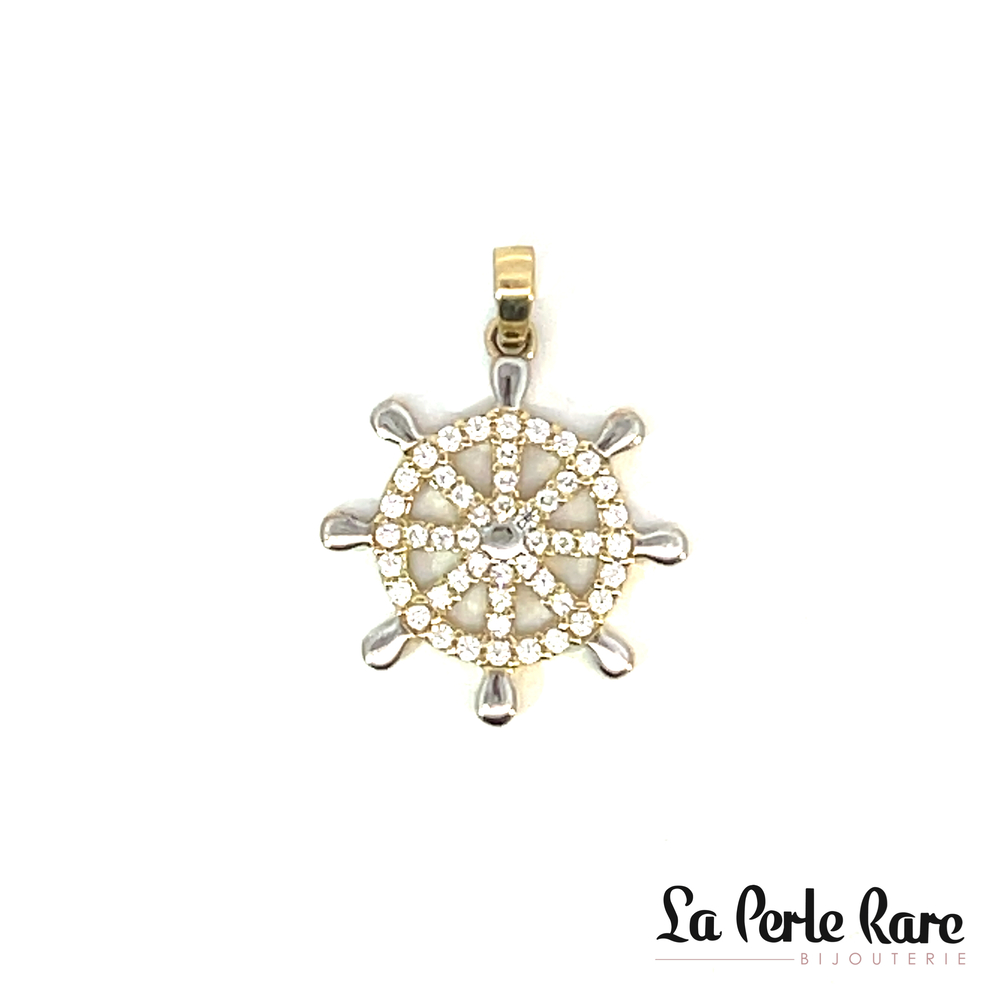 Pendentif gouvernail, or 2 tons (jaune/blanc) 10 carats, zircons incolores - POZ-1486-2T - Exclusivités