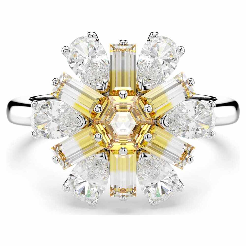 Bague ajustable métal rhodié, cristaux blancs/jaunes