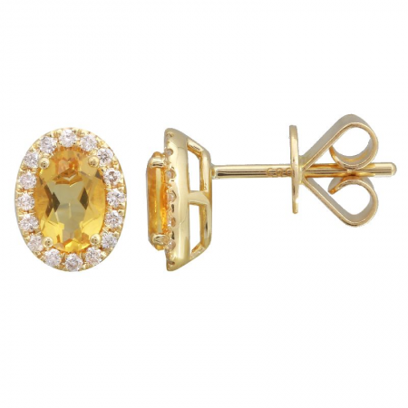 Yellow gold stud earrings with 74-point citrines and a total of 16 diamond points