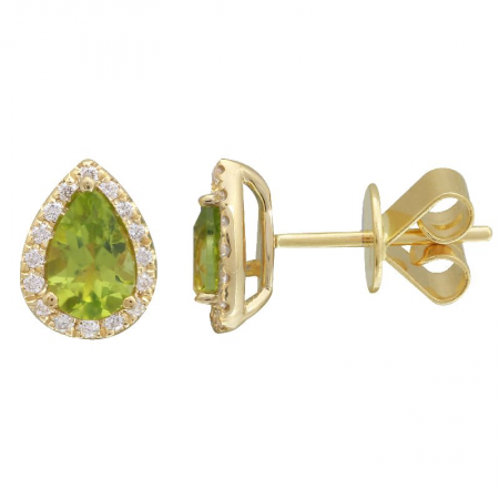 Yellow gold stud earrings with 88 points of peridots and a total of 15 points of diamonds