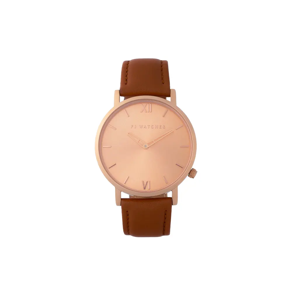 Montre sunset, cuir brun pâle, acier rosé