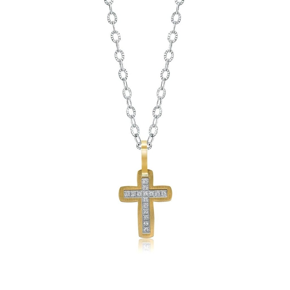 Pendentif croix, acier 2 tons (blanc/jaune), zircons - SC69 - Italgem Steel