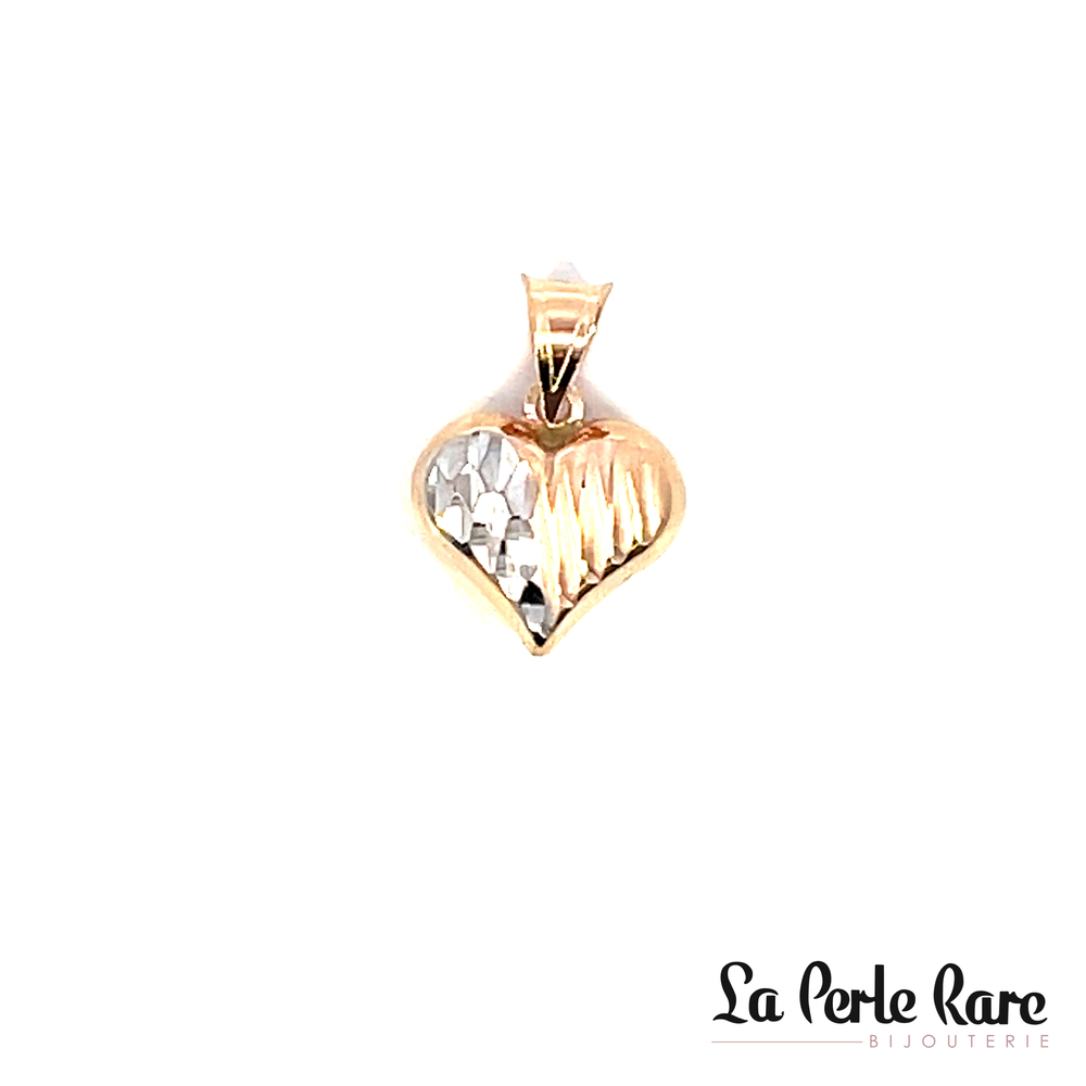 Pendentif coeur texturé, or 2 tons (rose/blanc) 10 carats