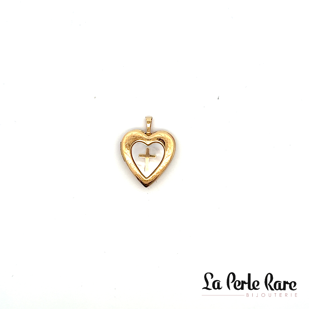 Pendentif loquet coeur et croix, or jaune 10 carats, nacre de perle