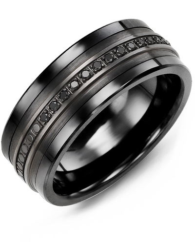 Black Ceramic Ring with Blackened Sterling Silver, Total 45 Points Black Diamonds, 9 Millimeters - MKQ900CS-45B - Madani