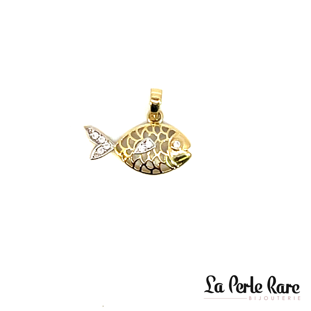 Pendentif poisson, or 2 tons (jaune/blanc) 10 carats, zircons incolores