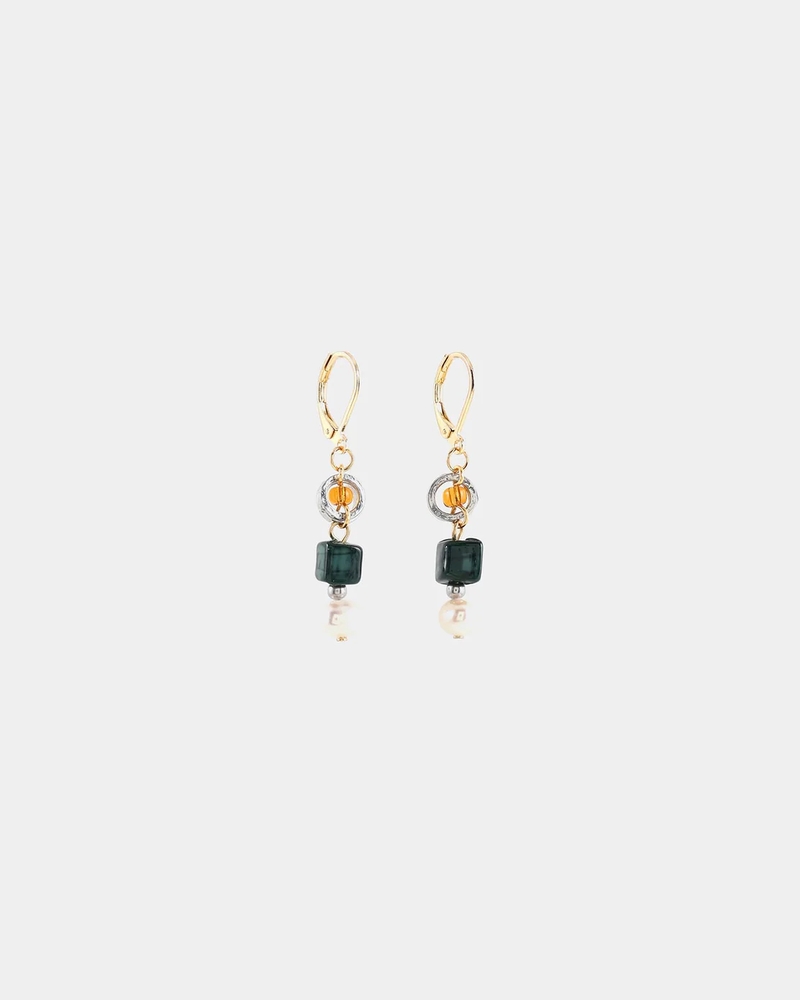 Boucles d'oreilles pendantes acier inoxydable doré, étain 2 tons (blanc/jaune), verre coloré, perles d'eau douce - FAWARIS-FORET - Anne-marie Chagnon