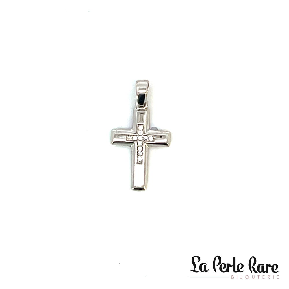 Pendentif croix, or blanc 10 carats, zircons incolores - PAZ-1683-B - Exclusivités