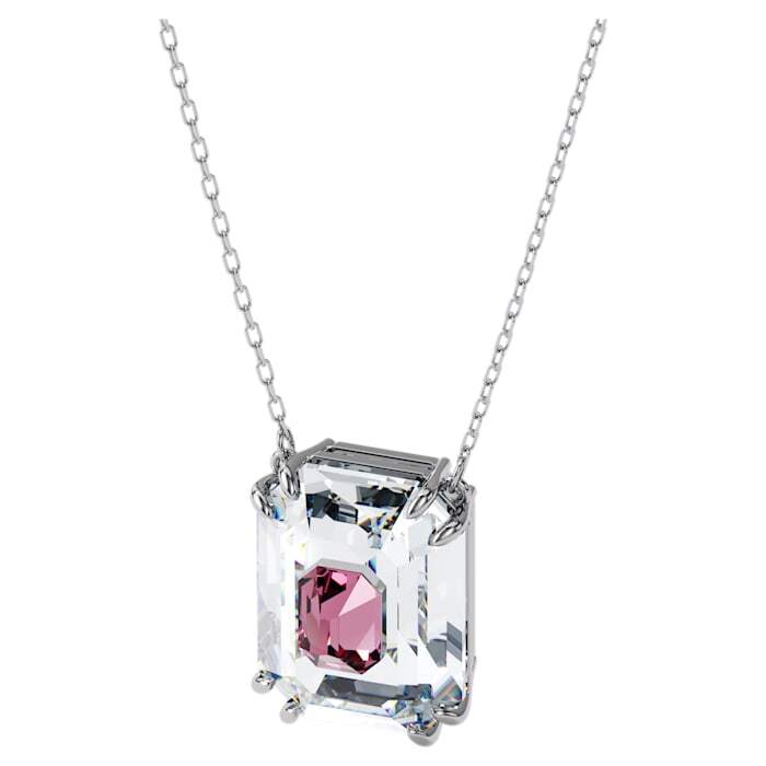 Rhodium-plated metal pink crystal necklace