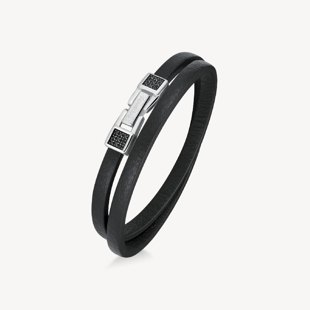 Bracelet double, cuir noir, acier inoxydable, zircons noirs - BIK138 - Brosway Italia