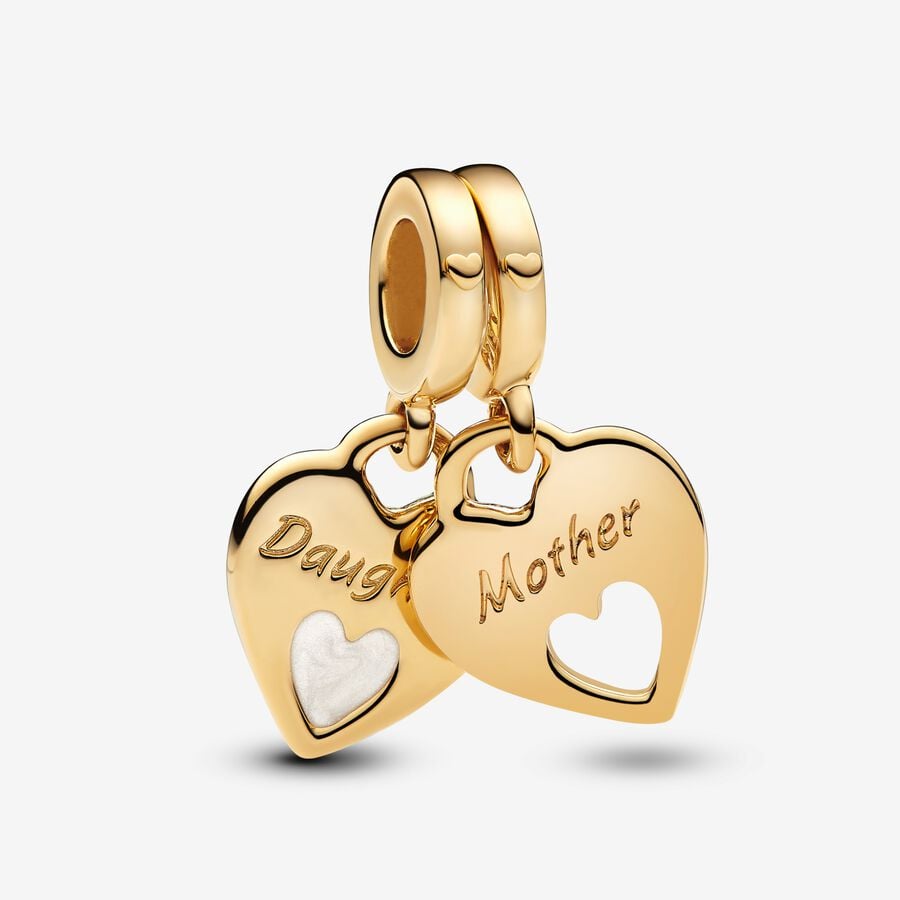 Double mother/daughter heart charm in unique metal plated with 14k gold, featuring white enamel - 769187C01 - Pandora