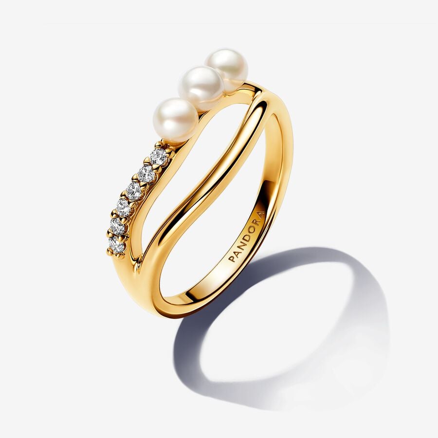 Ring, unique metals plated in 14-karat gold, freshwater pearls, zircons