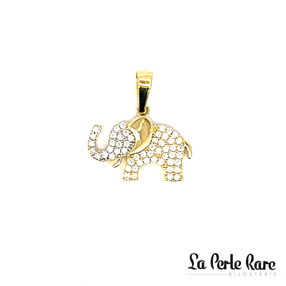 Pendentif éléphant, or jaune 10 carats, zircons incolores