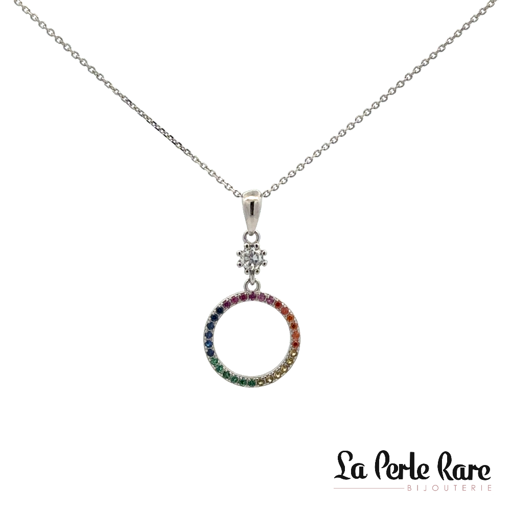 Pendentif rond, argent, zircons multicolores - N4482 - Création Gl