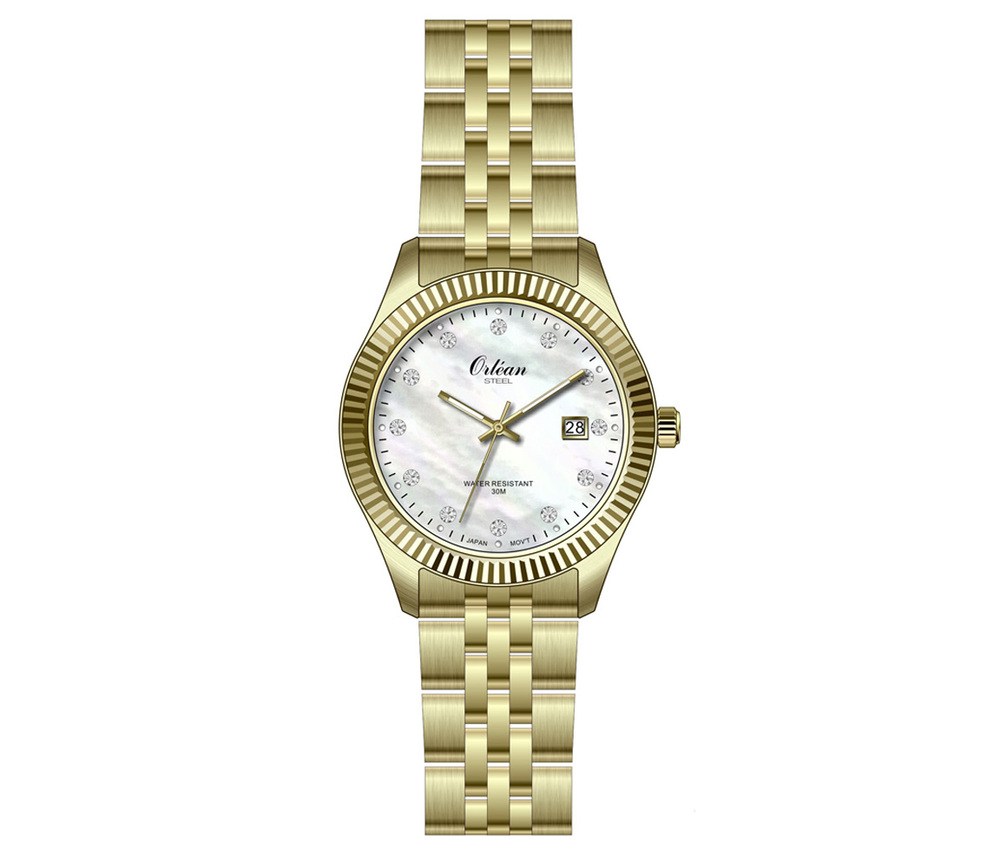 Montre acier doré, fond blanc, zircons - ME3284 - Orlean