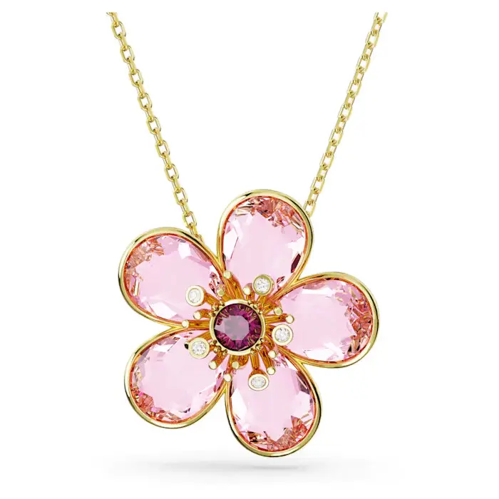 Collier fleur, métal doré, cristaux roses/blancs