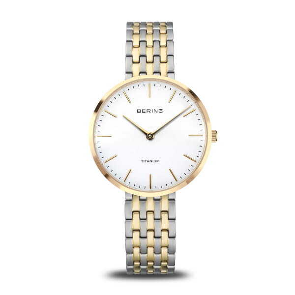 Montre titane 2 tons (blanc/jaune), fond blanc - 19334-010 - Bering