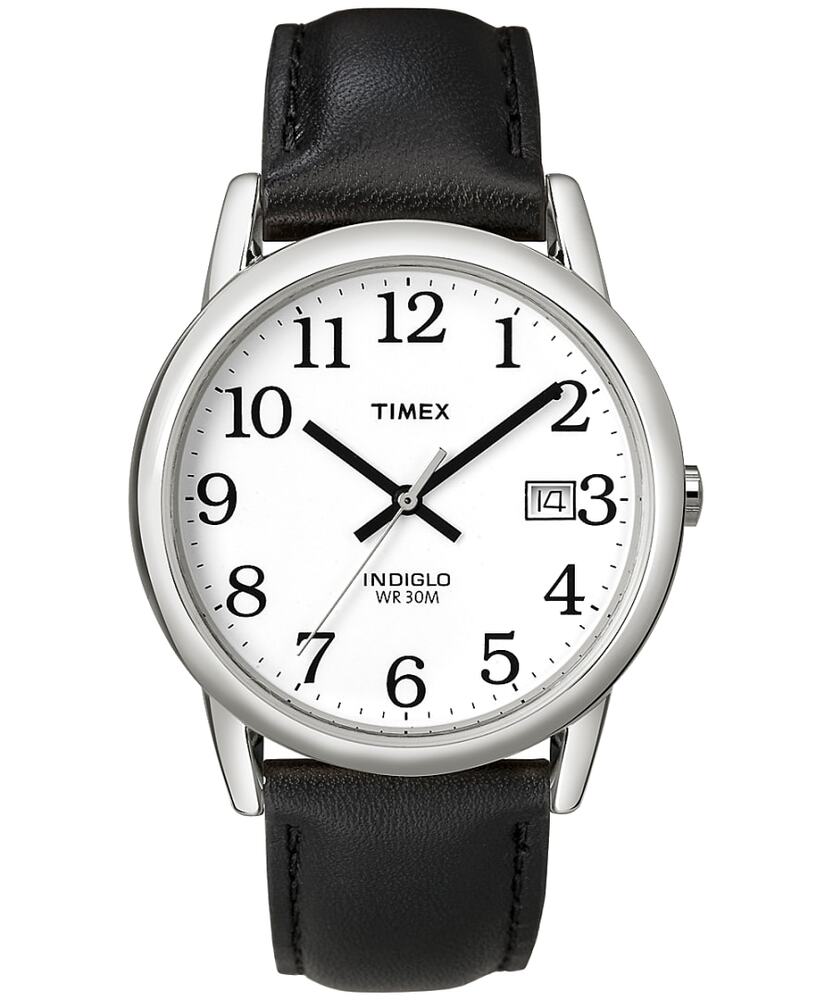 Montre cuir noir, métal, fond blanc