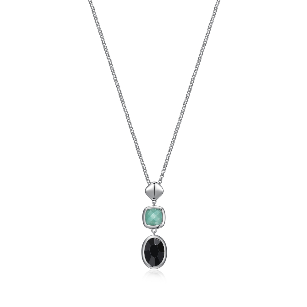 Collier argent rhodié, amazonite, hématite synthétique