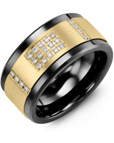 Black Ceramic Ring, Yellow Gold 10 Karat, 23 Total Diamond Points, 11 Millimeters - MJD110CY-23R - Madani