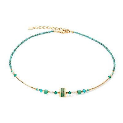 Collier acier doré, cristaux verts