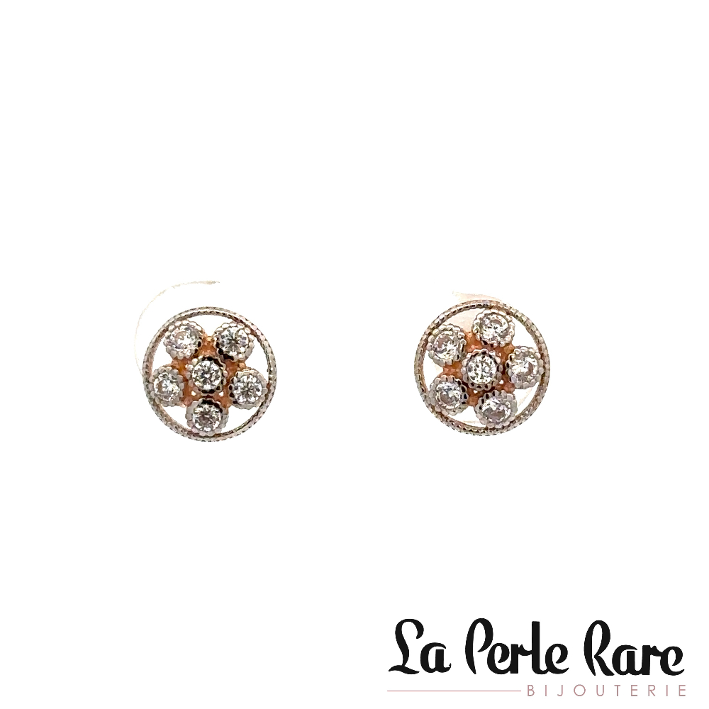 Boucles d'oreilles fixes rondes, or 2 tons (rose/blanc) 10 carats, zircons incolores - EOZ-1147-2TR - Exclusivités