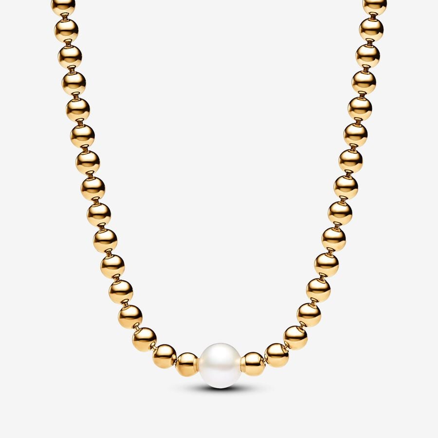 Beaded necklace, unique 14k gold plated metals, freshwater pearl, cubic zirconia - 363176C01-45 - Pandora