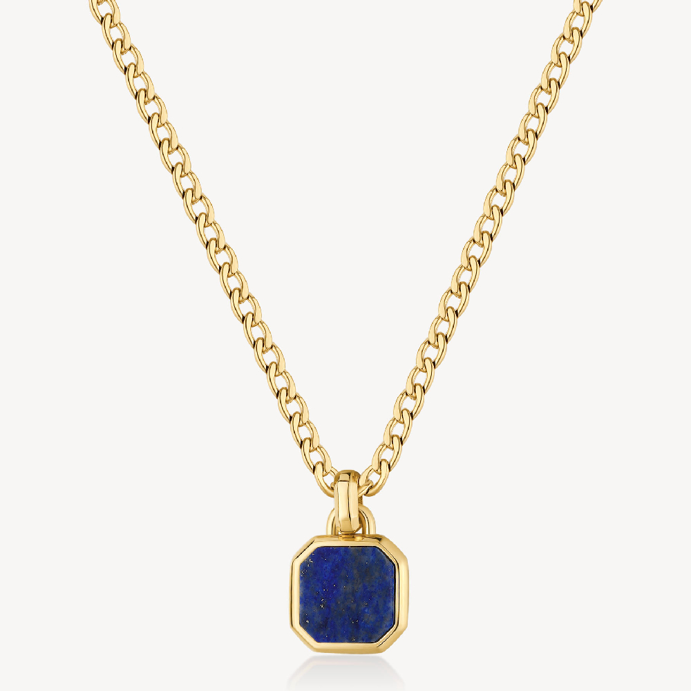 Pendentif et chaîne gourmette acier doré, lapis lazuli