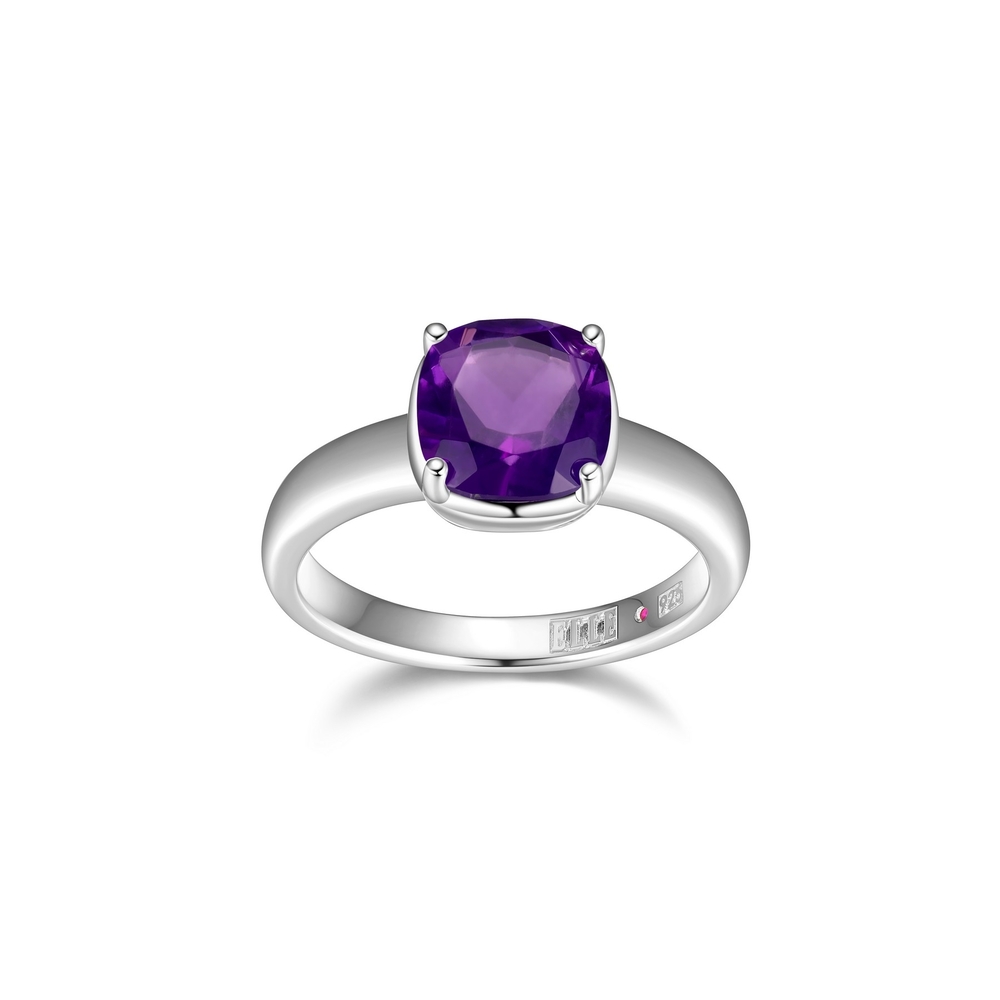 Bague solitaire argent rhodié, améthyste