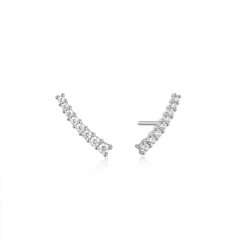 Rhodium-plated climbing earrings with cubic zirconia. - E037-03H - Ania Haie