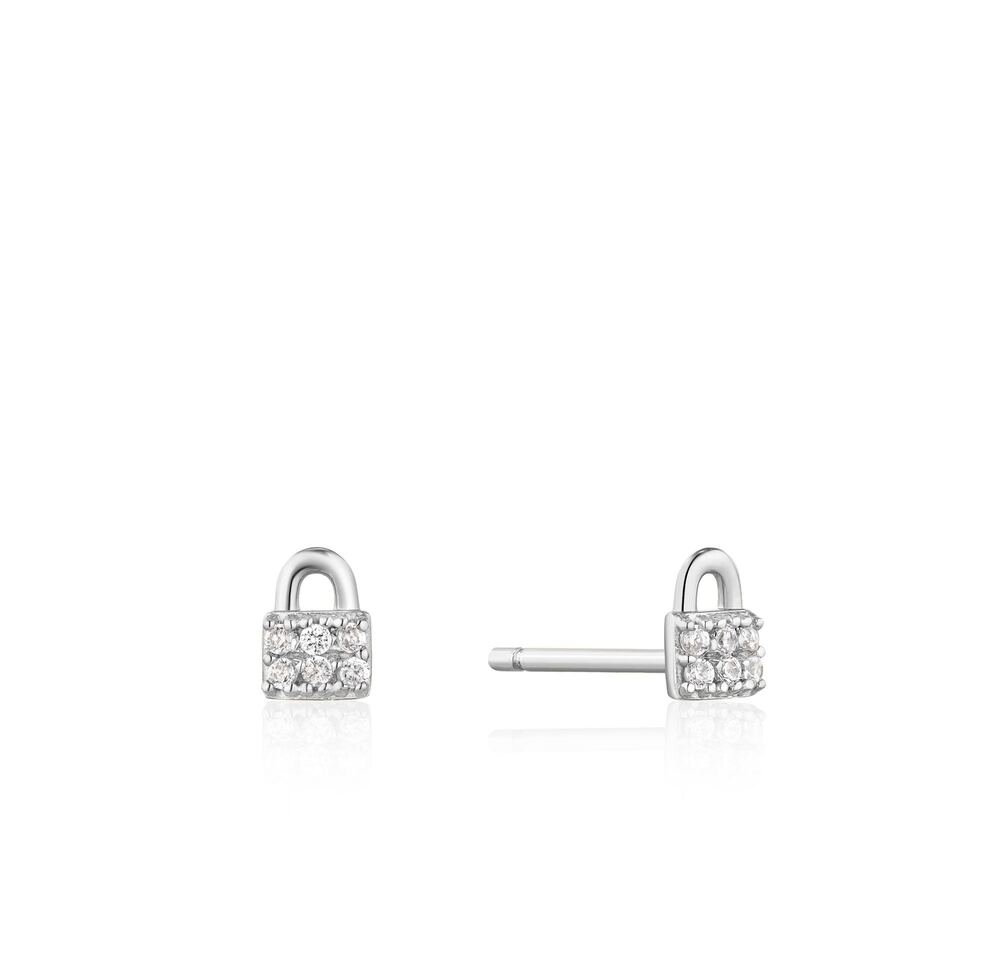 Stud padlock earrings in rhodium-plated silver with cubic zirconia