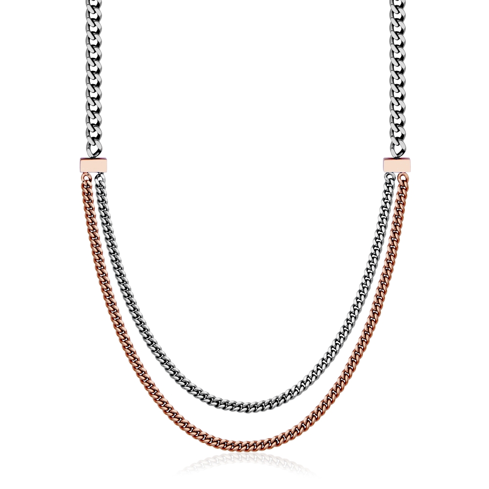 Collier double, gourmette, acier 2 tons (blanc/rose)