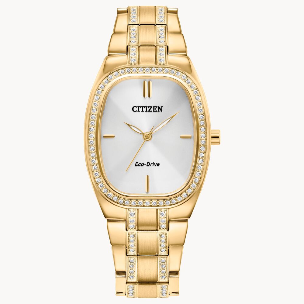 Montre Eco-Drive acier doré, fond nacré, zircons - EM1082-50A - Citizen