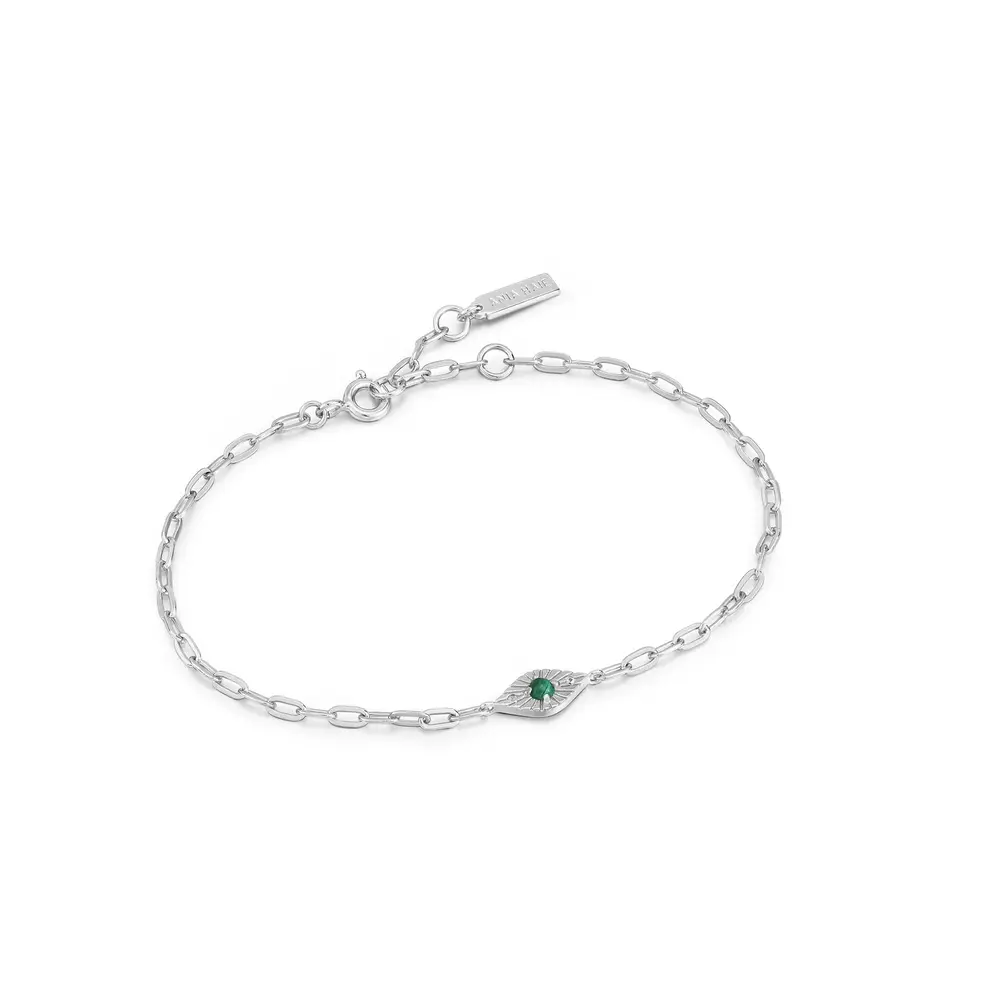 Silver bracelet with evil eye, malachite, cubic zirconium