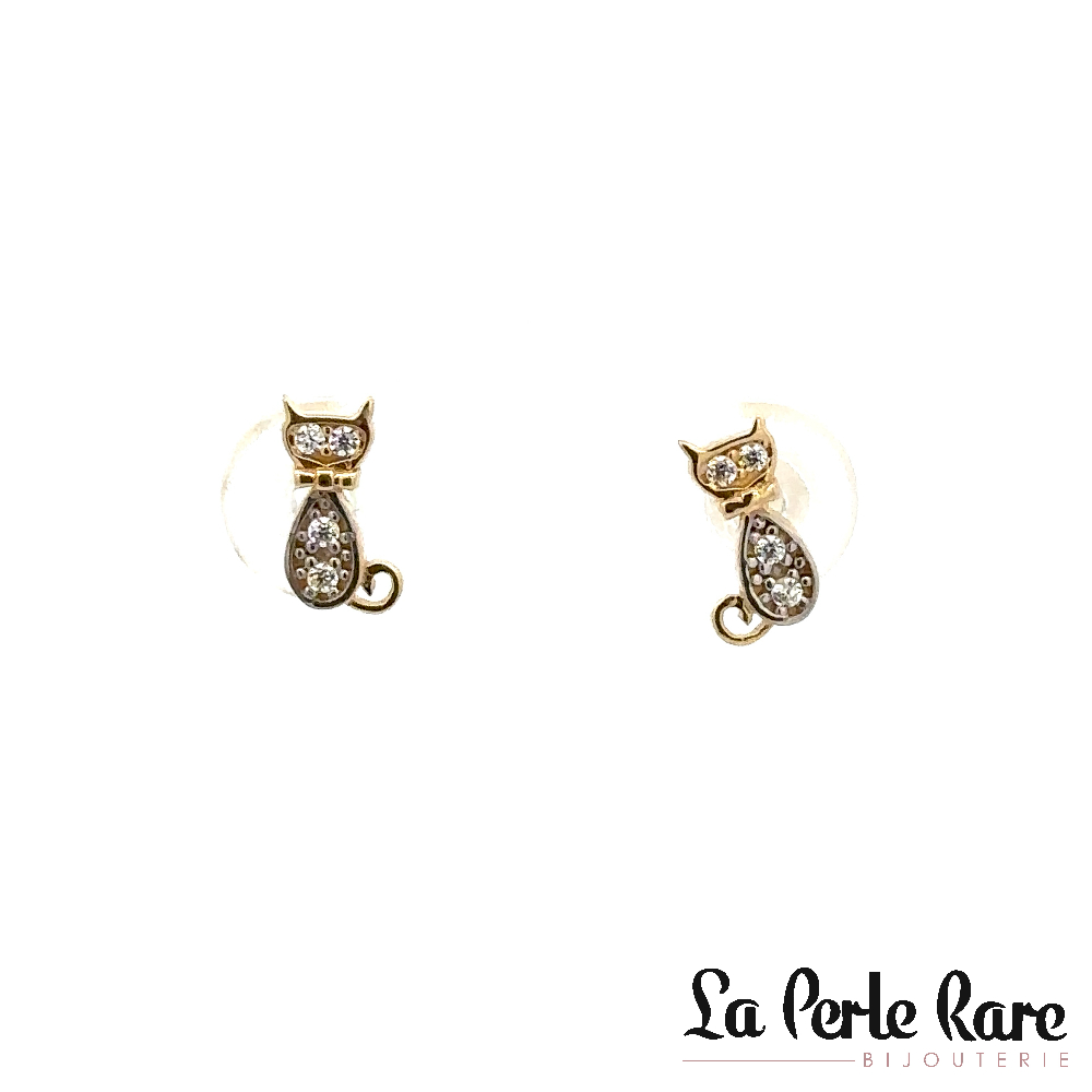 10K Two-Tone (Yellow/White) Gold Cat Stud Earrings, Clear Zircons - EOZ-1365-2T - Exclusivity