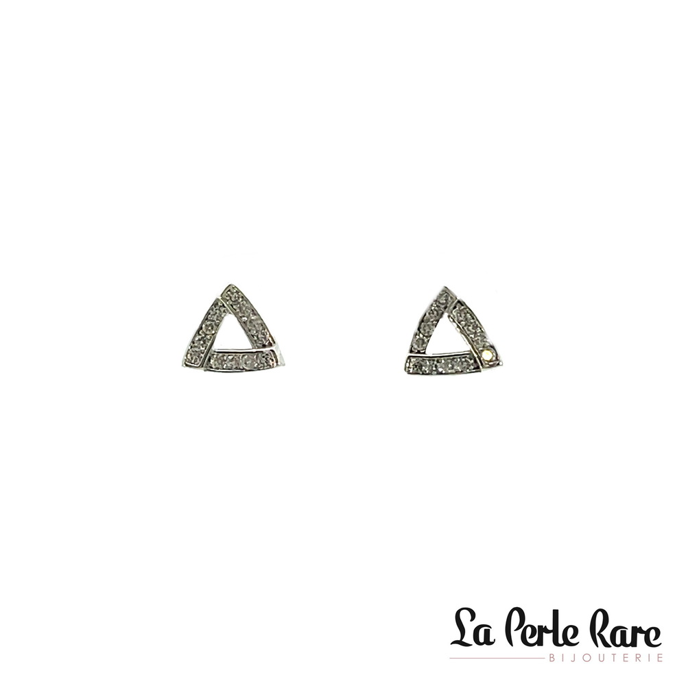 Boucles d'oreilles fixes triangulaires, or blanc 10 carats, zircons incolores - ENM-302-B - Exclusivités