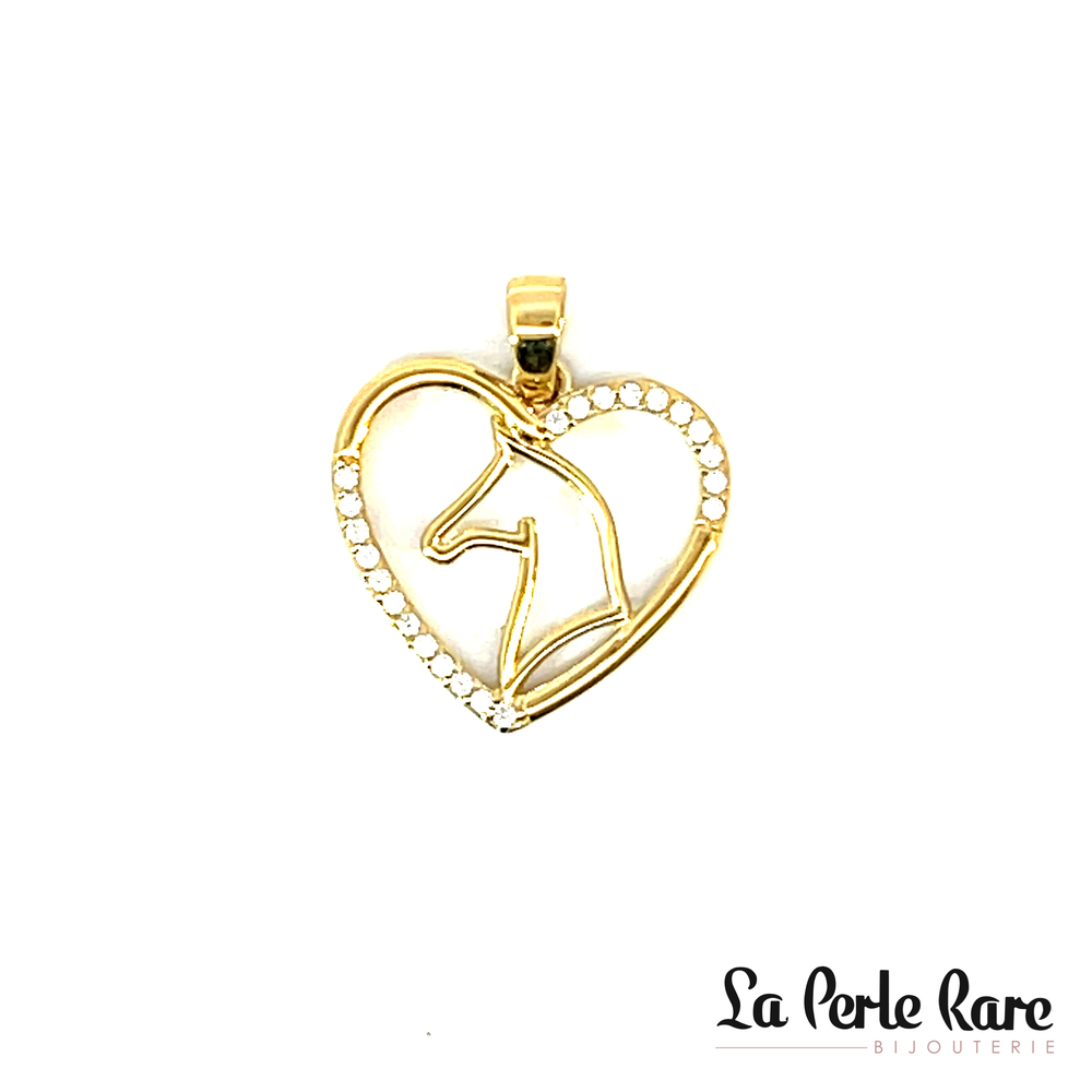 Pendentif coeur et cheval, or jaune 10 carats, zircons incolores