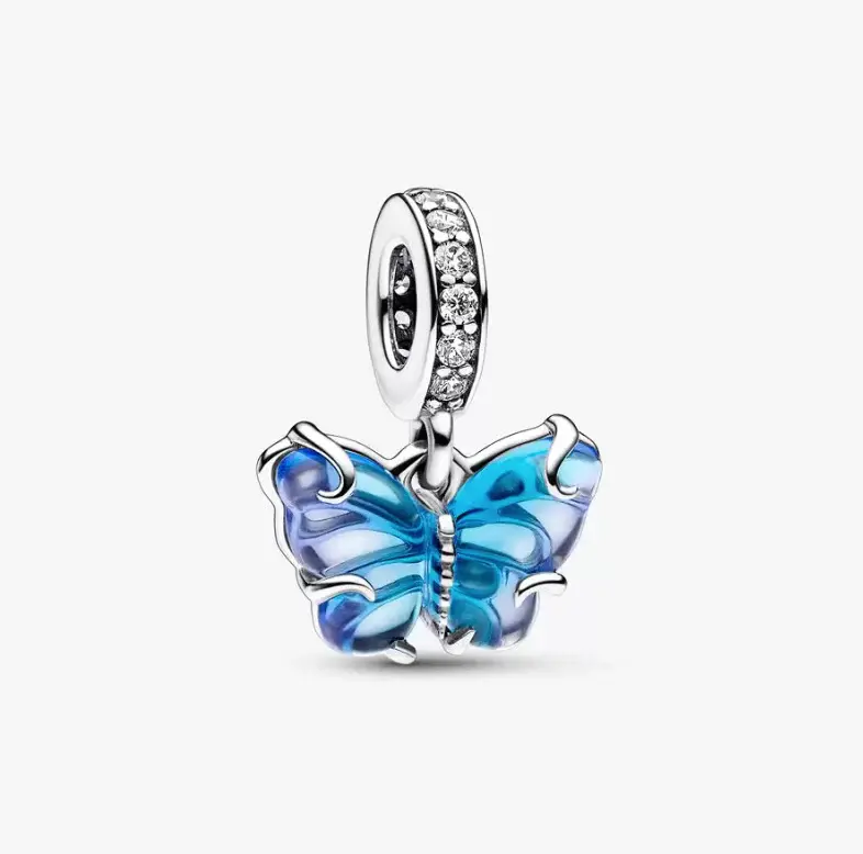 Bille papillon, argent, verre de murano bleu, zircons