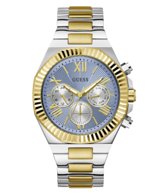 Montre acier inoxydable 2 tons (blanc/jaune), fond bleu - GW0703G3 - Guess