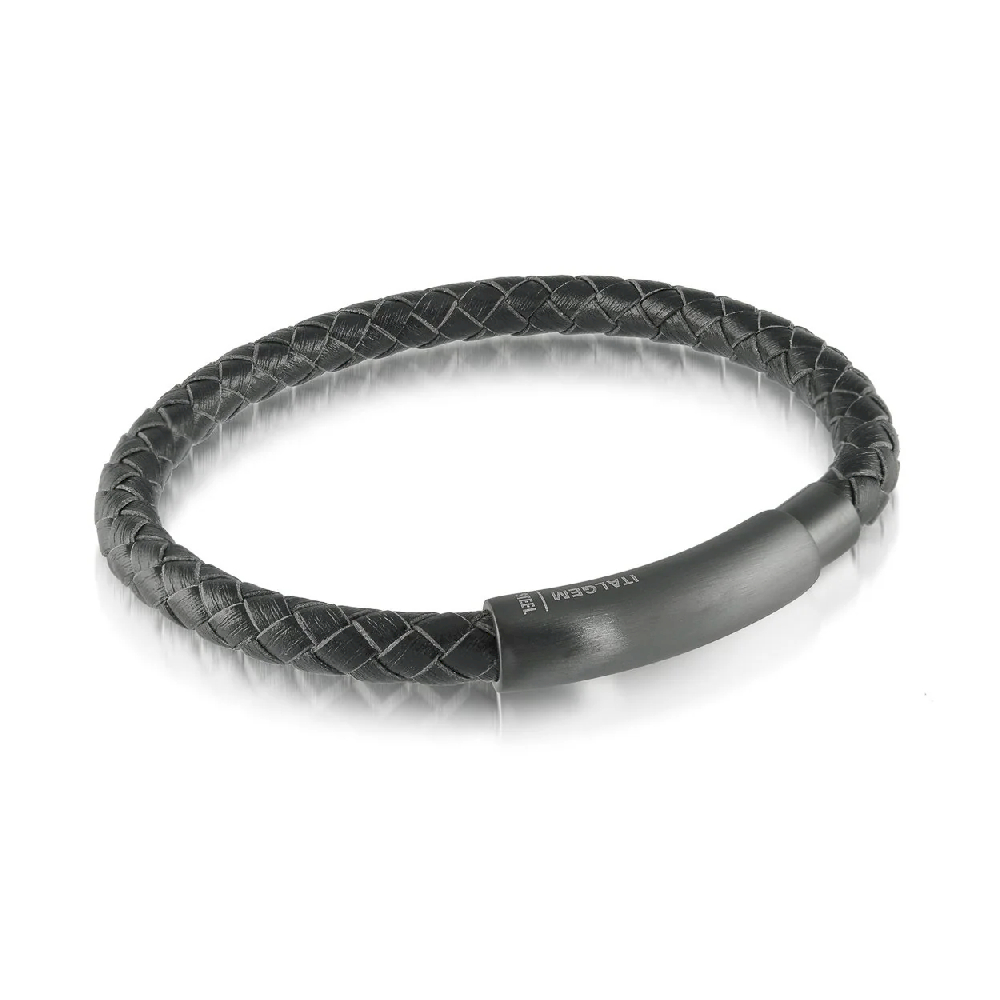 Bracelet cuir noir tressé, acier inoxydable noir - SLB127 - Italgem Steel