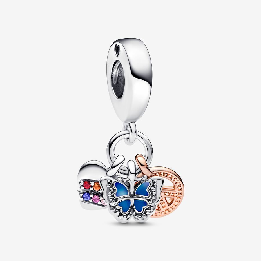 Bille cœur, papillon, paix, cristaux multicolores, zircons, émail, argent, Pandora Rose. - 782572C01 - Pandora