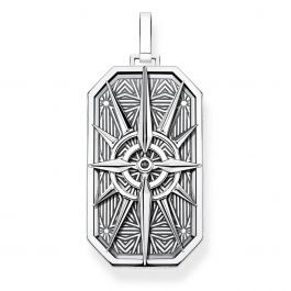 Black silver compass plate pendant, cz