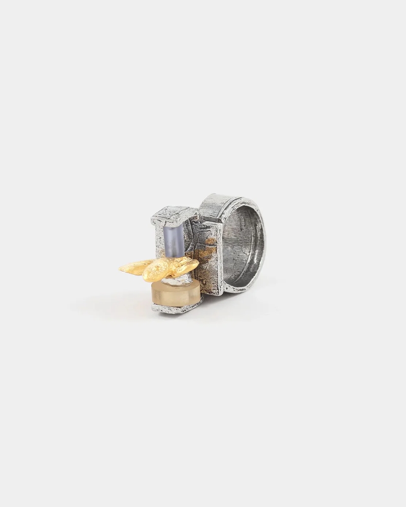 Bague ajustable, étain 2 tons (blanc/jaune), résine, verre - OPHI-SOLEIL - Anne-marie Chagnon